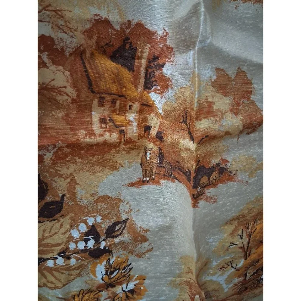 Two Vintage Autumn Landscape Curtain Panels With Cottage & Horse-Drawn Carriage
